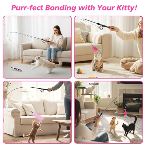 Pawaboo Cat Teaser Wand Toys, Cat Fishing Pole Toy with 3 Pack Feather Refills, 3-Section Retractable Kitten Feather Toys with Pulley, Indoor Cats Teaser Catcher Exerciser with Bell, Rose Red + Pink - color: Plush-Pink