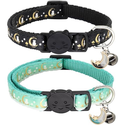 2 Pack Breakaway Cat Collar with Bells,Adjustable Moon and Star Kitten Safety Collars for Boys & Girls,Black+Teal - color: Black+Teal