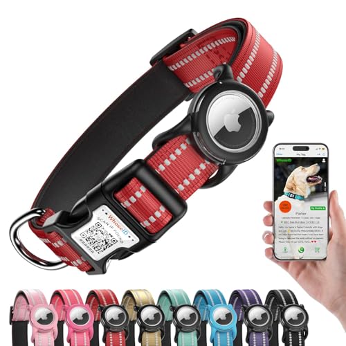 Reflective Dog Collar with AirTag Holder, Waterproof Dog Collar with QR Code, Heavy Duty Adjustable Pet Collar for Small Medium Large Dogs, Red - color: Red, size: L