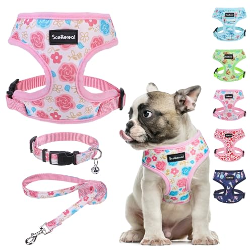 SCENEREAL Small Dog Harness Collar and Leash Set, Adjustable No Pull Pet Harnesses, No Chock Soft Mesh Vest for Doggie Puppy Medium Dogs Cats Girl or Boy,Chihuahua, Yorkie, Outdoor Walking - color: Pink-Floral (With Collar), size: M: Chest Girth: 17"-21"