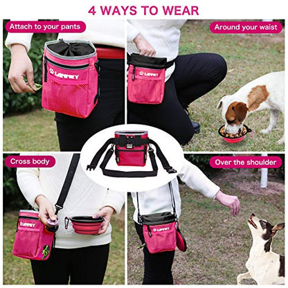 Dog Treat Pouch Pet Training Bag for Small to Large Dogs, Treat Tote Carry Kibble Snacks Toys for Training Reward Walking, Metal Clip, Waist belt, Shoulder Strap, Poop Bag Dispenser and Clicker - color: Pouch(Pink with Black)+Clicker