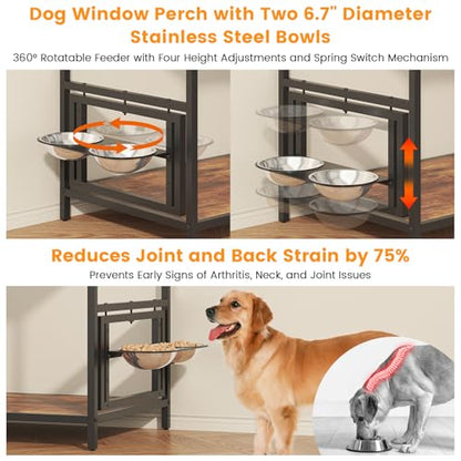 Saudism Dog Window Perch with 360° & Adjustable Raised Feeder, Pet Bunk Bed with Stair and Drawers, Elevated Platform Bed, Pet Elevated Seat with Cushion, Paw-Friendly Ladder
