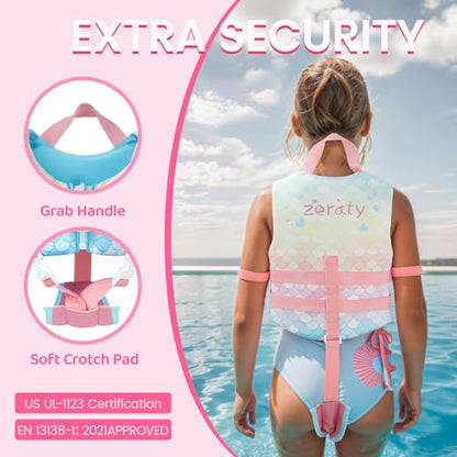 Toddler Swim Vest Neoprene Kids Float Jacket Swimming Aid for Children Girls and Boys 20-30-40-50-60-70-80Lbs with Dual Adjustable Safety Straps - color: Mermaids, size: L(Age Recommend 6-9 Years)