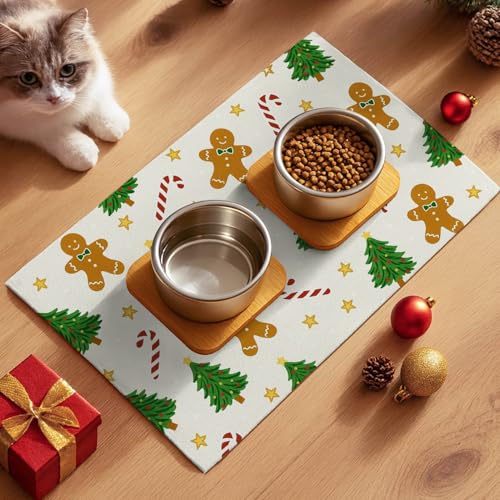 HOMETITUTE Adorable Gingerbread Pattern Pet Food Mat Christmas Decor Dog Bowl Mat Spill-Proof Christmas Party Pet Feeding Mats Funning Candy Cane Cat Food Mats for Indoor Cats 20" x 12" - color: White