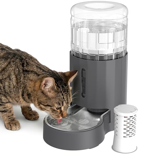 JUNSPOW Cat Water Dispenser with Filter and Stainless Steel Bowl, Automatic Gravity Water Dispenser for Cats or Small Medium Size Dogs, Large Capacity, Easy to Clean and Safe for Pets (4L Grey) - color: Grey, size: 4L+Filter