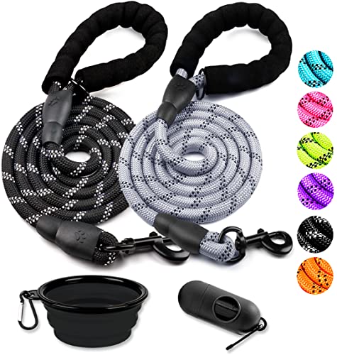 2 Pack Dog Leash 6 FT Heavy Duty - Comfortable Padded Handle - Reflective Dog Leash for Medium Large Dogs with Collapsible Pet Bowl - color: Set 5-Black+Grey, size: 1/2"x 6 FT (18~120 lbs.)