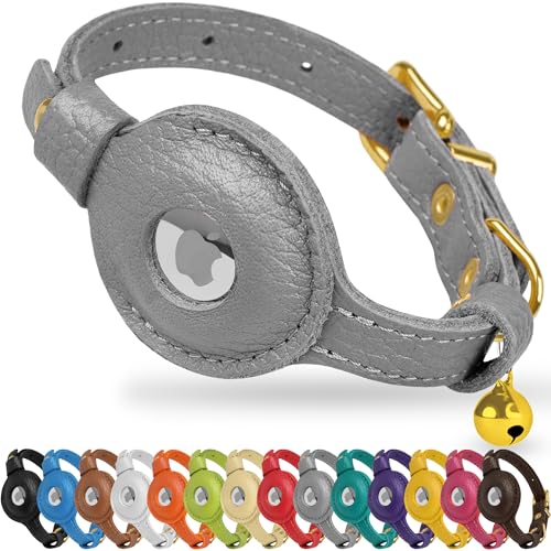 OOPSDOGGY Leather AirTag Cat Collar with Bell - Non Breakaway Kitten Collar with Apple Air Tag Holder - Lightweight GPS Pet Collars for Girl Boy Cats, Small Dogs, Puppies (Gray) - color: Gray