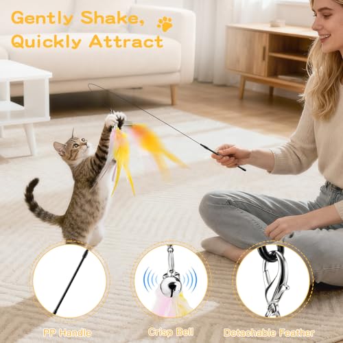 Pawaboo Feather Teaser Cat Toy, Interactive Feather Wand Cats Toy Flying Feathers Cat Catcher with Extra Long 34.5" Wand and Small Bell, Exerciser Playing Toys for Kitten or Cats, Pink+White+Yellow - color: Pink+White+Yellow
