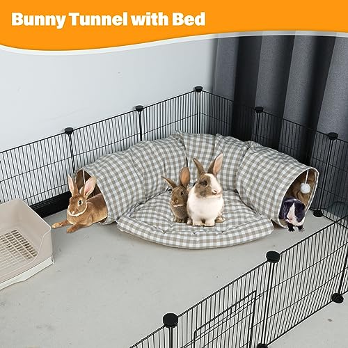 BWOGUE Bunny Tunnel Bed, 2-in-1 Collapsible Tunnel Tubes Toys with Removable Mat Hideout for Cats Kittens Rabbits Guinea Pigs Kitty - color: YellowPlaid