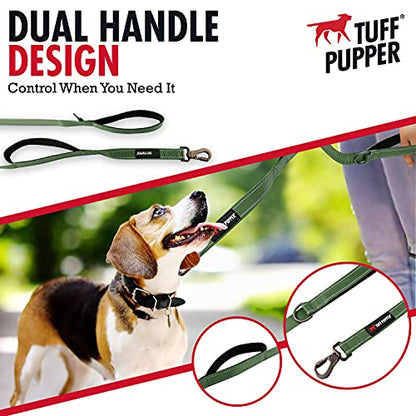 Tuff Pupper Heavy Duty Double Handle Leash with Twist Lock Carabiner Clip | Safety Lock for Strong Dogs | Reflective for Night Walks | 6ft for Medium & Large Dogs - color: Olive