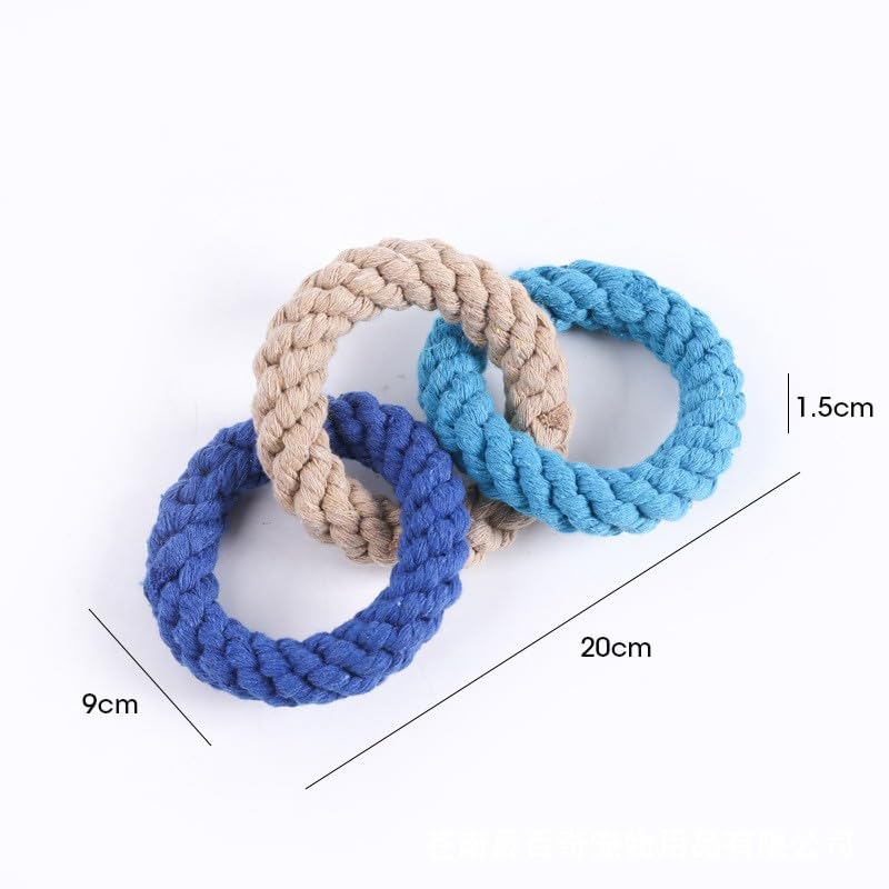 Tri-Color Cotton Rope Dog Toy, Hand-Woven Triple Ring Chew Toy, Durable Knotted Rope for Teething, Training & Interactive Play for Small and Medium Dogs (Pink-Yellow-Light Blue)