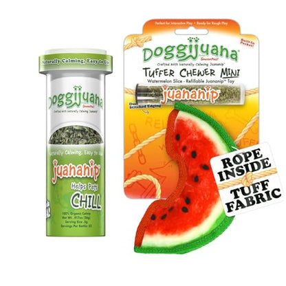 Doggijuana Mini Doggi Duo Refillable Juananip Toy Bundle | Watermelon Slice & Juananip | Funny Dog Toy Plush with Catnip and Refill | Interactive Chew for Play - style: Watermelon Slice & Juananip