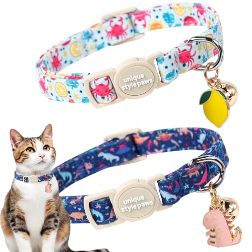 Unique style paws 2 Pack Spring Summer Kitten Collar Breakaway with Bell&Pendant, Adjustable Safety Blue Lemon Dinosaur Cat Cotton Collar for Girl Boy Cat and Small Pet - color: Lemon Dinosaur