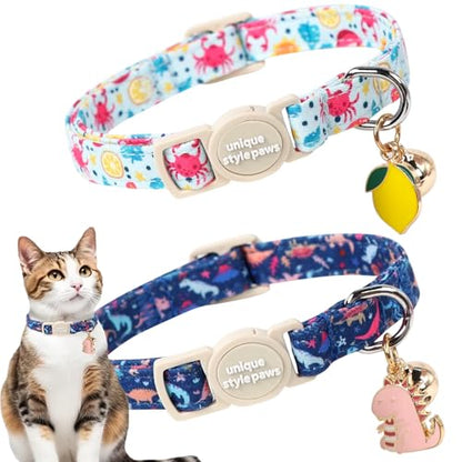 Unique style paws 2 Pack Spring Summer Kitten Collar Breakaway with Bell&Pendant, Adjustable Safety Blue Lemon Dinosaur Cat Cotton Collar for Girl Boy Cat and Small Pet - color: Lemon Dinosaur