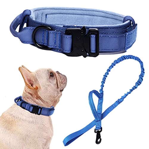 Tactical Dog Collar and Leash Set Adjustable Military Nylon Dog Collar with Control Handle and Heavy Duty Metal Buckle for Large Dogs（Dark Blue S - color: Dark blue SET(collar+leash), size: Small (Pack of 1)