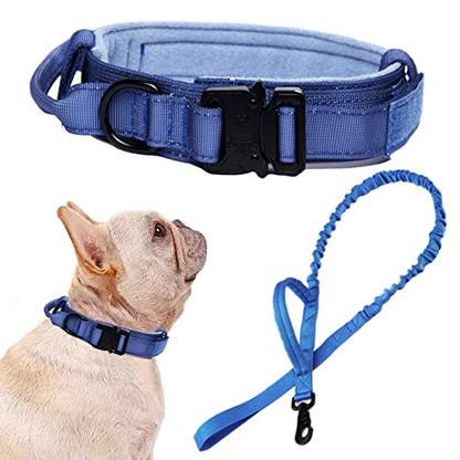 Tactical Dog Collar and Leash Set Adjustable Military Nylon Dog Collar with Control Handle and Heavy Duty Metal Buckle for Large Dogs（Dark Blue S - color: Dark blue SET(collar+leash), size: Small (Pack of 1)