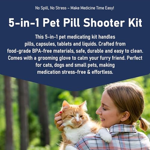 Pill Shooter for Cats Dogs, 5-in-1 Pet Medication Kit with Pill Popper Gun, Liquid Syringe, Anti-Choke Dispenser, Pill Cutter Grinder & Pet Grooming Deshedding Brush Glove | Reusable Safe