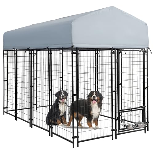 8x4x6 FT Outside Large Dog Kennel with roof - Outdoor Heavy Duty Welded Wire Steel Dog Playpen with Rotating Bowls, Dog Run Enclosure Crate Cage with Lockable Doors for Chicken, Rabbit