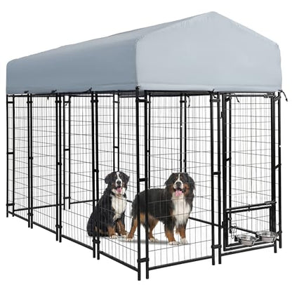 8x4x6 FT Outside Large Dog Kennel with roof - Outdoor Heavy Duty Welded Wire Steel Dog Playpen with Rotating Bowls, Dog Run Enclosure Crate Cage with Lockable Doors for Chicken, Rabbit