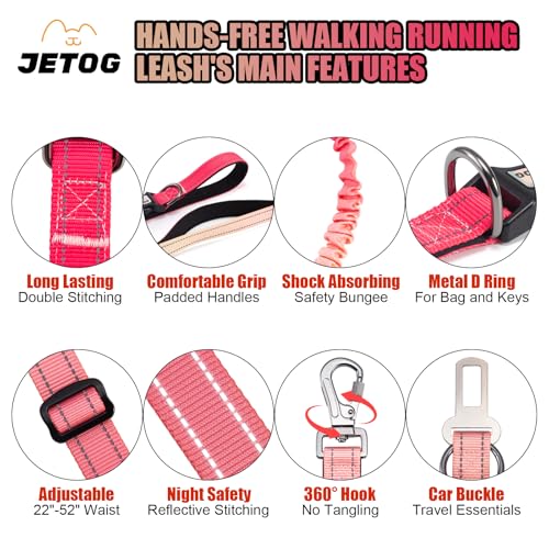 Heavy Duty Hands Free Dog Leash, 5-7 FT Reflective Adjustable Waist Dog Leash Belt with Padded Handles, Shock Absorbing Bungee and Car Seat Belt for Large Medium Dogs (Gradient Rose, XL) - color: Gradient Rose