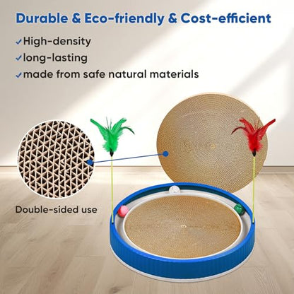 20-Inch Round Cat Scratcher with Ball Track – 3-in-1 Cardboard Scratching Pad with Feather Toy & Non-Slip Base – Interactive Cat Toy for Indoor Cats, Kittens & Large Cats (Blue) - color: Blue