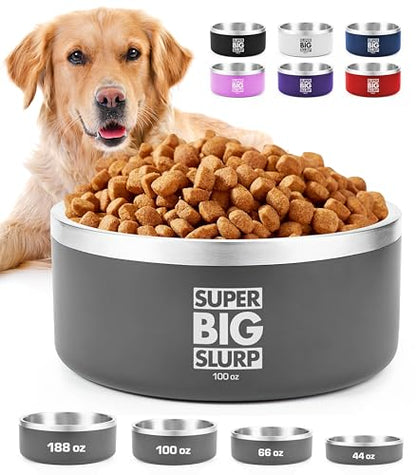 Tuff Pupper 100 oz Heavy Duty Insulated Stainless Steel Dog Bowl for Large Dogs, Non-Slip Base, Dishwasher Safe - color: Cool Grey, size: 100oz