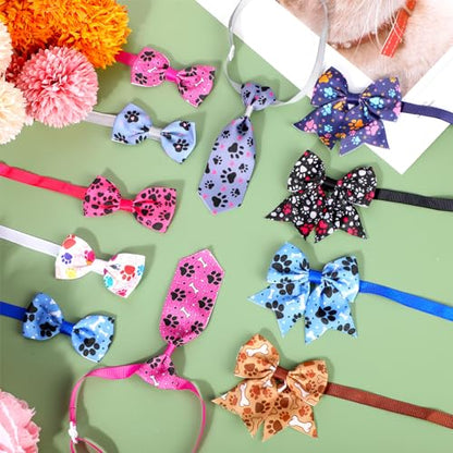 Reginary 100 Pieces Dog Bow Tie Collar Set Include 40 Dog Neckties, and 30 Puppy Bowties, 30 Collar Flowers, Adjustable Pet Ties Grooming for Small Medium Cats Pets Supply(Paw Bone) - style: Paw Bone