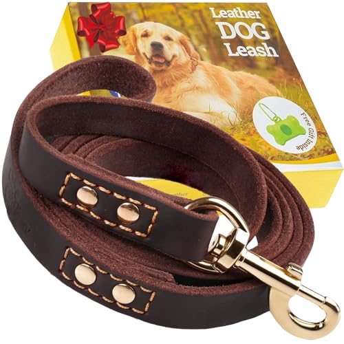 Leather Dog Leash 6 ft x 3/4 inch - Soft, Strong, Heavy Duty for Large & Medium Breeds - Dog Lead for Walking (Brown - Gold Colored Clasp, L - 6 ft x 3/4 inch) - color: Brown - Gold Colored Clasp, size: L - 6 ft x 3/4 inch