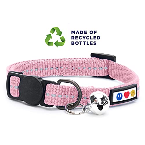 Pawtitas Recycled Pink Reflective Cat Collar – Eco-Friendly Breakaway Safety Buckle, Adjustable Kitten & Adult Collar with Removable Bell and High-Visibility Strap - color: Recycled Pink