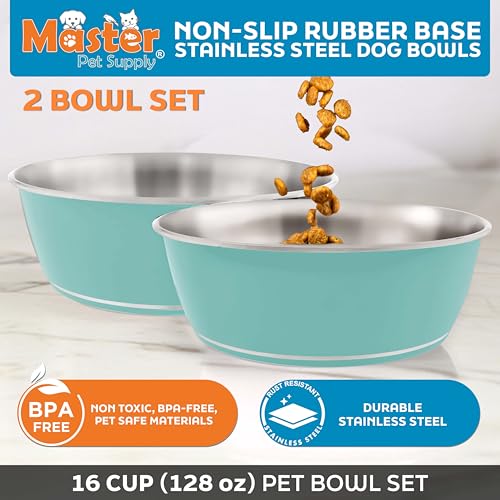 Master Pet Supply Stainless Steel Dog Bowls Set of 2 (128 Oz Each) with Non-Slip Rubber Base - Aqua Sky - Basic Dog Food Bowl Water & Food Bowls for Small Medium Large Dogs & Cats, Metal Dish - color: Aqua Sky, size: 16 Cups (128 oz) 2 Pack
