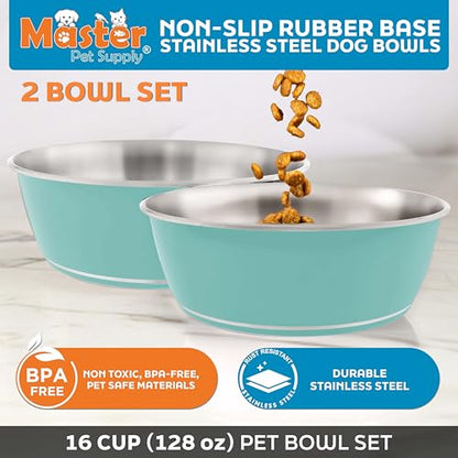 Master Pet Supply Stainless Steel Dog Bowls Set of 2 (128 Oz Each) with Non-Slip Rubber Base - Aqua Sky - Basic Dog Food Bowl Water & Food Bowls for Small Medium Large Dogs & Cats, Metal Dish - color: Aqua Sky, size: 16 Cups (128 oz) 2 Pack
