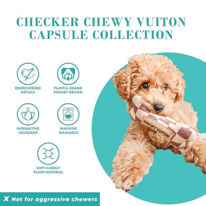 Haute Diggity Dog Chewy Vuiton Bone Ball & Handbag Plush Squeaky Dog Toys, Soft Durable Designer-Inspired Stuffed Puppy Chew Toys for Small & Medium Dogs, Machine-Washable (Tan Checker) One Size 3 Pcs - color: Checker Chewy Brown Trio, size: One Size