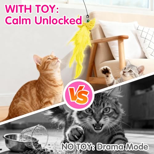 Walfront Interactive Cat Toy Wand — Yellow & Pink Wing Tassel Teaser with Replaceable Natural Heads, Flexible Steel Rod, Indoor Cat Toy for Multi-Cat Homes, Kittens & Adult Cats, Play & Stress Relief