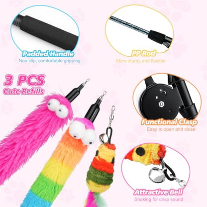 Pawaboo Cat Teaser Wand Toys, Cat Fishing Pole Toy with 3 Pack Feather Refills, 3-section Retractable Kitten Feather Toys with Pulley, Indoor Cats Teaser Catcher Exerciser with Bell,Rainbow + Rose Red - color: Plush-Rainbow