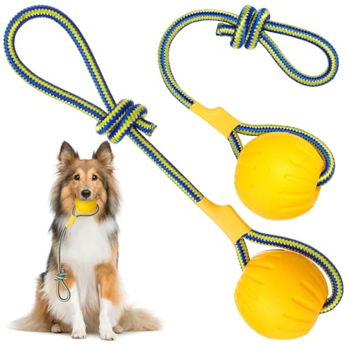 Hsei 2 Pcs Medium Dog Ball on a Rope Rubber Dog Toy with Handle Ball Yellow Floats in Water for Tug Training Rewards Interactive Pet Fetch Catch Throw Outdoor Puppy Teething Medium Pet - size: Medium