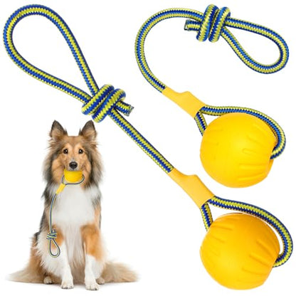 Hsei 2 Pcs Medium Dog Ball on a Rope Rubber Dog Toy with Handle Ball Yellow Floats in Water for Tug Training Rewards Interactive Pet Fetch Catch Throw Outdoor Puppy Teething Medium Pet - size: Medium
