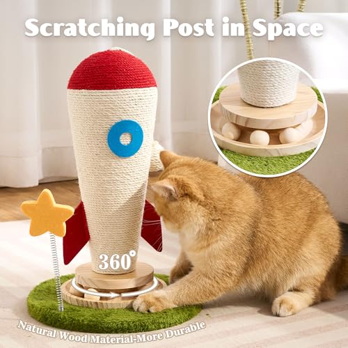 Cat Scratching Post, Rocket Cute Sisal Cat Scratcher with Durable Solid Wood Turntable Toy, Cat Scratch Post Red Cat Scratcher with Spinning Star Toy for Indoor Adult Cats - color: Red Rocket