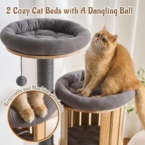 Modern Cat Tree Tower with Scratching Post, 61.5in Tall Cat Tree for Indoor Cats, Multi-Level Solid Wood Cat Furniture with Cozy Cat Beds, Cat Condo, Hammock, Capsule Nest, Turntable Toy, Gray - color: 61.5"-V-Gray