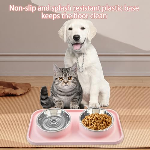 Double Dog Food Bowls with Mat,Stainless Steel Dog Bowls with No Spill Non Skid Silicone Mat Removable Cats Water and Food Bowl Set for Puppy Cats Kitten Small Medium Dogs(Pink) - color: 【Pink】