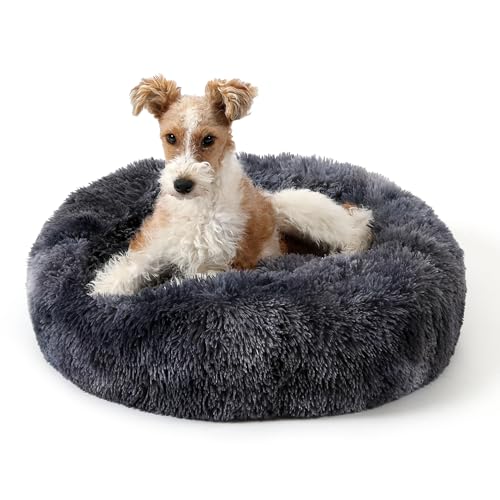 Calming Donut Dog Bed for Small to Medium Dogs & Cats - Plush Faux Fur Anti-Anxiety Pet Bed with Machine Washable Cover & Non-Slip Base - color: Bandhnu Dark Grey, size: Small 19.6''