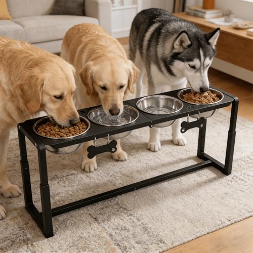 Metal Elevated Dog Bowls, Raised Dog Bowls for Medium/Large Sized Dogs with Four 58oz Stainless Steel Food Bowls, 3 Adjustable Height (8.8"/11.5"/14") Dog Bowl Stand Protect Neck & Joints - size: 8.8-14" | M/L Dogs | 4×58oz Bowls