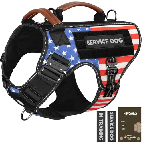 Service Dog Vest - HEYCAHVA Tactical Dog Harness Full Metal Buckles for Large Medium Dogs Reflective No Pull Dog Harnesses with Leather Handle, Hook & Loop for Hiking Training (Flag, M) - color: Flags, size: Medium