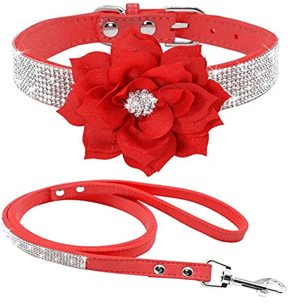 Rhinestone Bling Leather Dog Collar and Leash Set, Cute Dazzling Sparkling Soft Velvet Dog Cat Collar Crystal Diamond Puppy Collar (XS, Red) - color: Red, size: XS