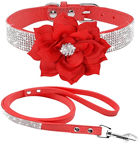 Rhinestone Bling Leather Dog Collar and Leash Set, Cute Dazzling Sparkling Soft Velvet Dog Cat Collar Crystal Diamond Puppy Collar (XS, Red) - color: Red, size: XS