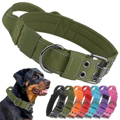 Tactical Dog Collar with Control Handle, Military Adjustable Pet Collar Reflective Heavy Metal Buckle Dog Collar, Soft Nylon Training Collar for Medium Large Dogs (Green, Large) - color: Green, size: Large