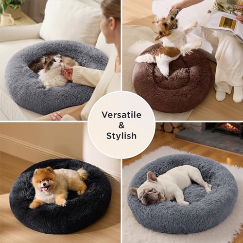 Bedsure Calming Donut Cat Bed - Fluffy Plush Round Pet Bed for Kitten & Puppy, Washable Anti-Anxiety Soft Comfy Cuddler, 20x20 Inches, Brown (Basic Version) - color: Brown, size: 20x20x5