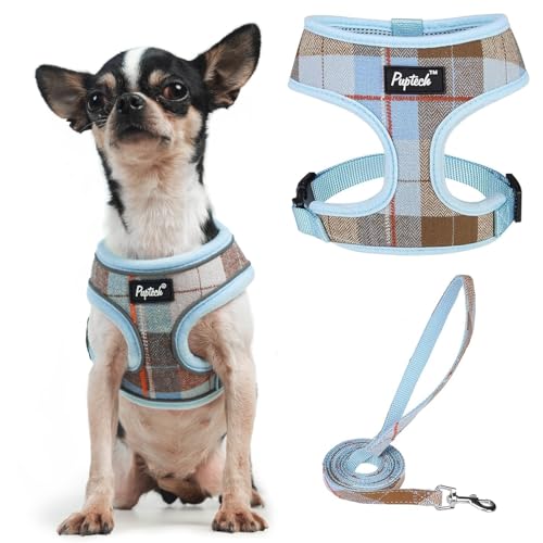PUPTECK Soft Mesh Dog Harness and Leash Set Pet Puppy Cat Comfort Padded Vest No Pull Harnesses, Blue&Brown, XS - color: Blue&Brown, size: XS (NECK: 10", CHEST: 10"-14")