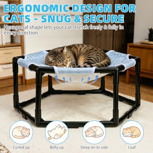 Elevated Cat Cooling Hammock Bed, Hexagonal Raised Cat Cot with Breathable Ice Beanie Fabric and Anti Slip Block, Cooling Pad Mat Indoor Outdoor Stable Pet Swing Bed for Small Puppy, Blue - color: Blue