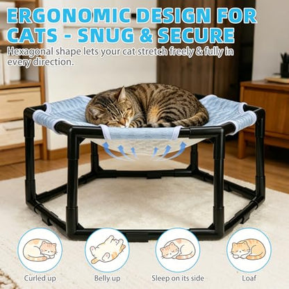 Elevated Cat Cooling Hammock Bed, Hexagonal Raised Cat Cot with Breathable Ice Beanie Fabric and Anti Slip Block, Cooling Pad Mat Indoor Outdoor Stable Pet Swing Bed for Small Puppy, Blue - color: Blue