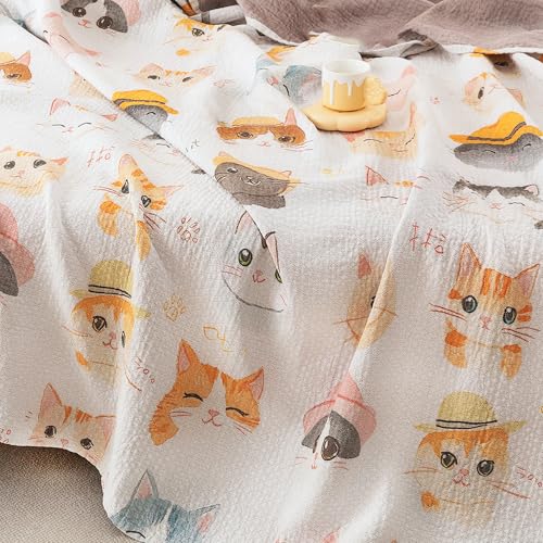 MEJU Kitty Cats Modern Cute Kids Child Big Girls Muslin Blanket Throw Indoor for Bed Sofa Couch, 100% Combed Cotton Soft Summer Lightweight Throw Blanket Bed Coverlet Quilt Full Queen 80 in x 90 in - color: Cats, size: F/Q 80 in x 90 in
